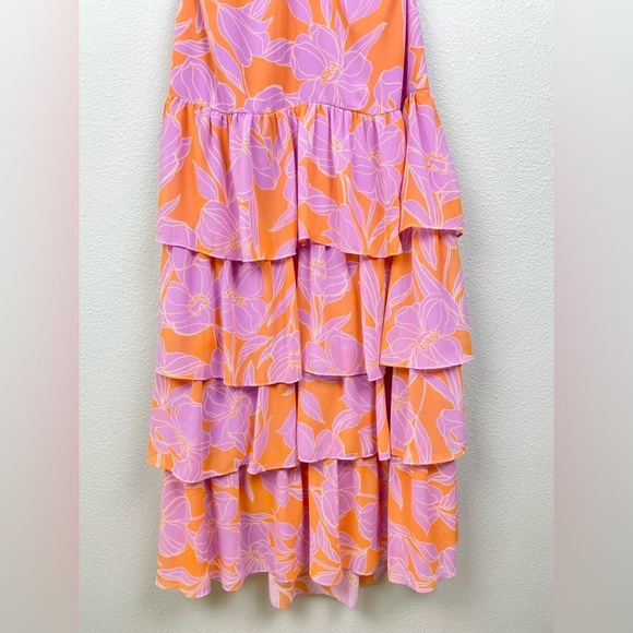 ASTR The Label Women's Large Aneira Dress Orange Purple Floral Maxi Ruffle Strap - Picture 6 of 16